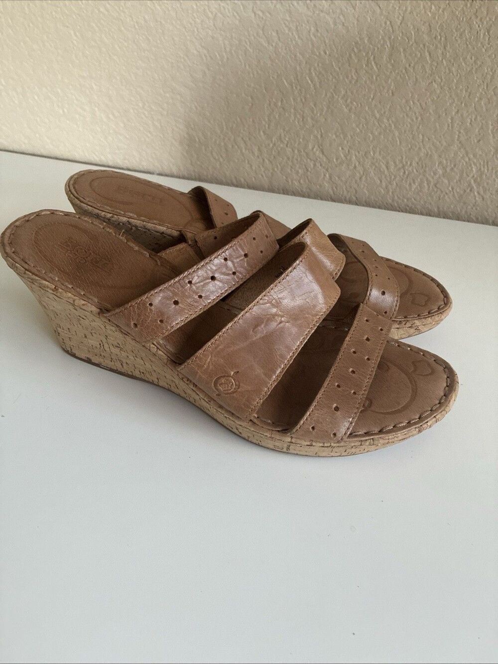 Born Brown Tan Leather Wedge Sandals Sz 11.5/ 43 Shoes Strappy Cork Summer
